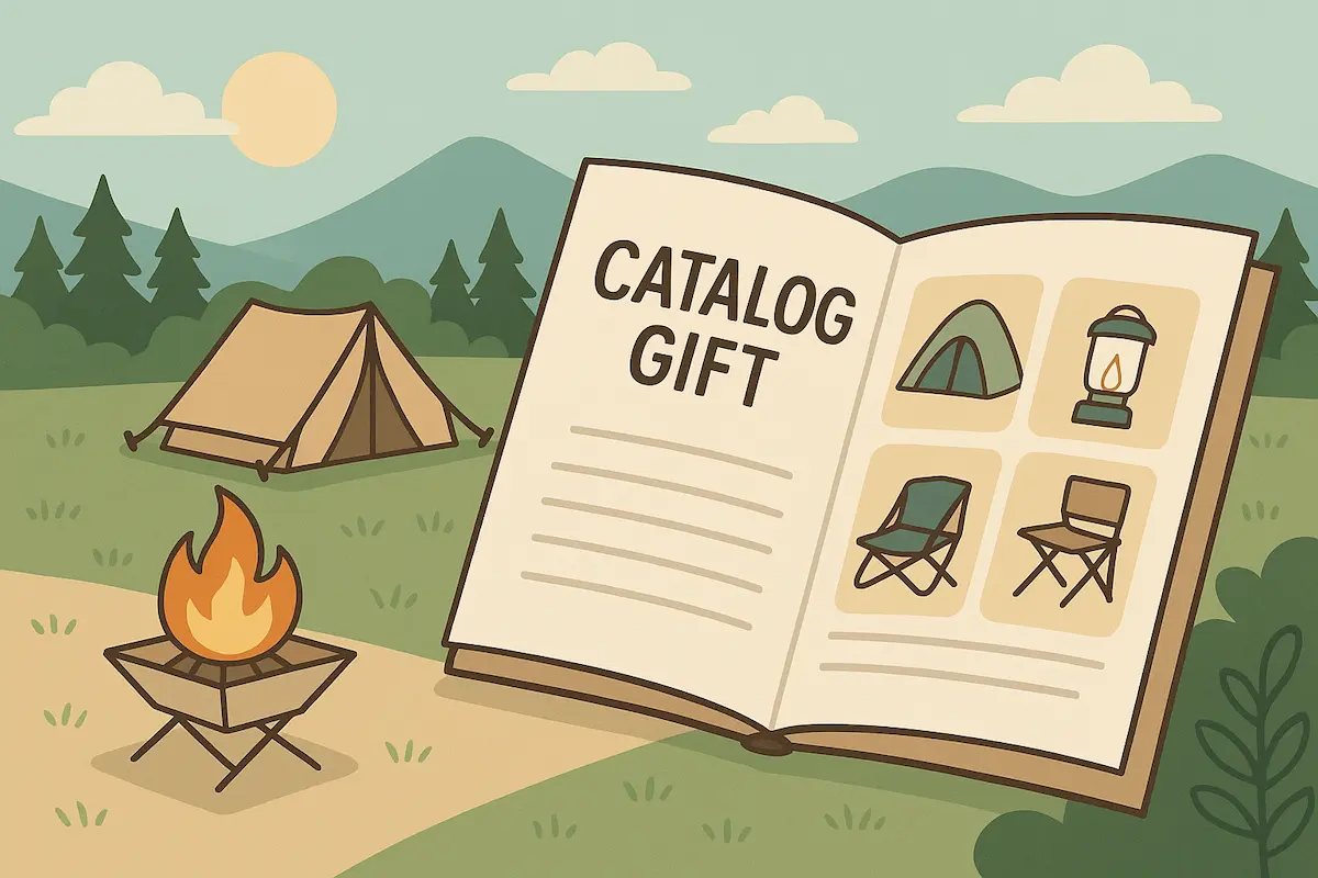 キャンプ場の風景を背景に、テントや焚き火台とキャンプギアの載ったカタログが描かれたイラスト