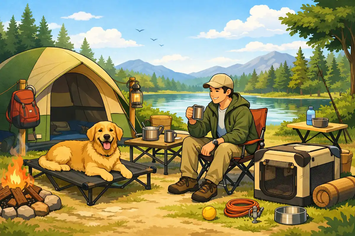 テントサイトで犬がドッグコットに寝そべり、飼い主がチェアでマグを持ってくつろぐ湖畔キャンプのイラスト