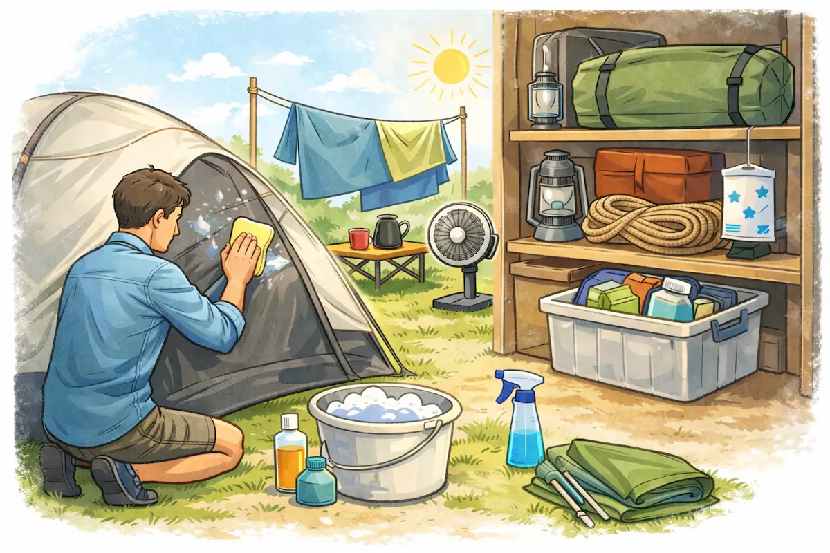 テントをスポンジで部分洗いし、バケツの泡水とスプレーボトルを横に置いて乾燥・収納準備まで行うメンテナンス風景