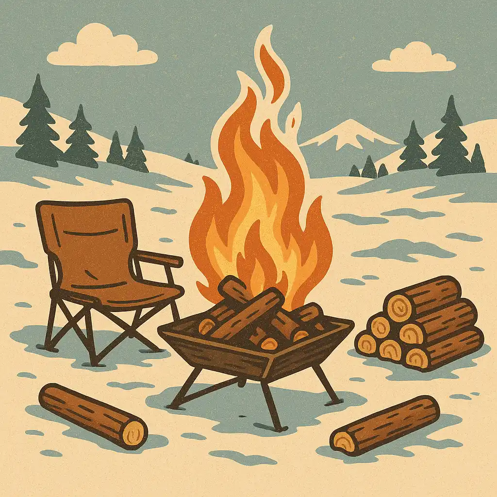 雪上に設置した焚き火台で薪を燃やし、チェアと薪が並ぶ冬キャンプの焚き火風景を描いたイラスト