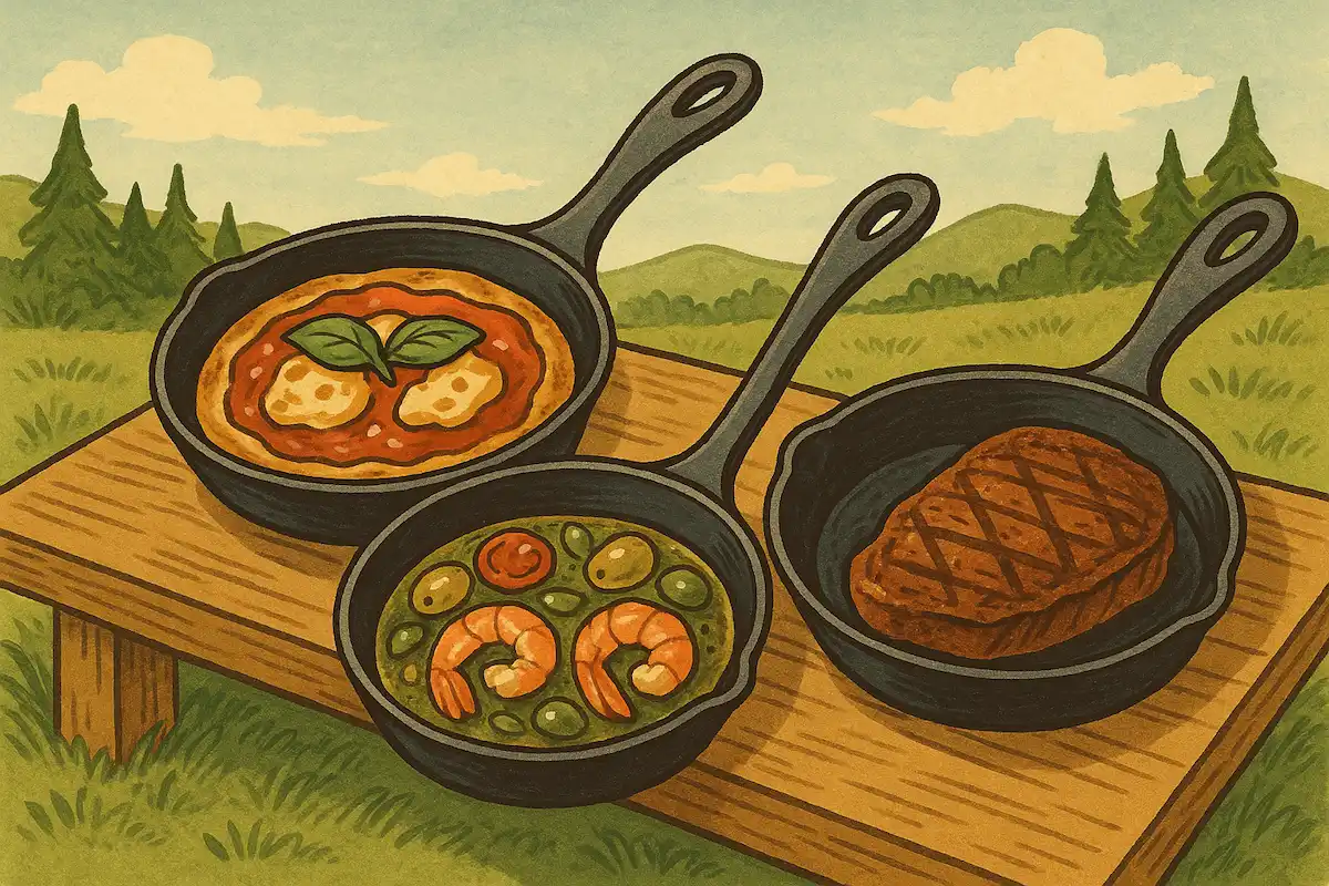 屋外の木製テーブルの上に並ぶ3つのスキレット。ピザ風トースト、エビとオリーブのアヒージョ、ステーキの料理が描かれた、手描き風の文字なしイラスト。