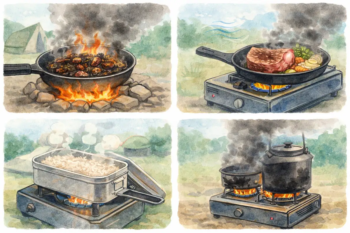 キャンプ料理の失敗例（焦げ・火力不足・炊飯の失敗・スス）を4コマで描いた、アウトドア調理のトラブル対策イメージ
