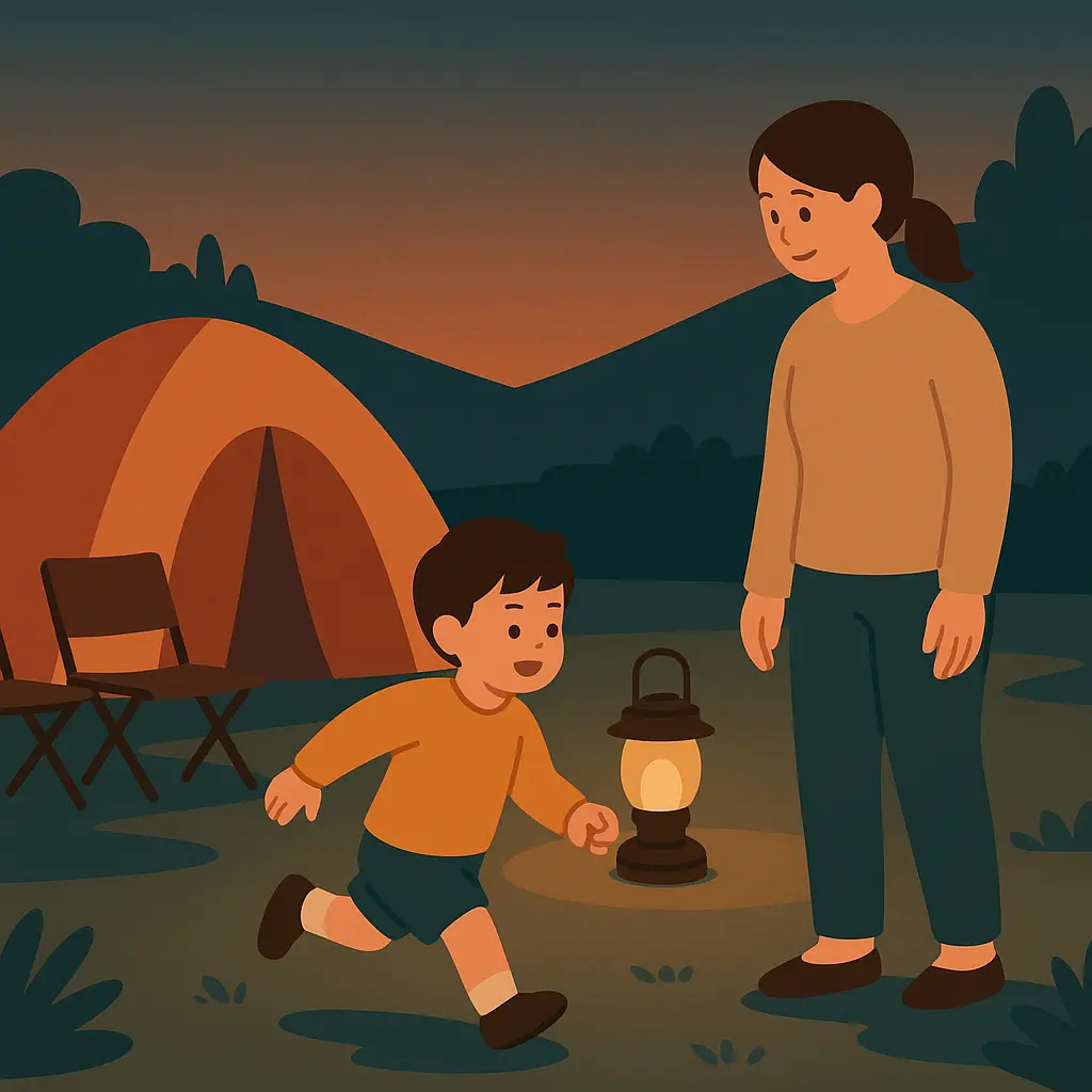 夕方のキャンプ場で、ランタンの明かりのそばを走る子どもを保護者が見守るファミリーキャンプのイラスト