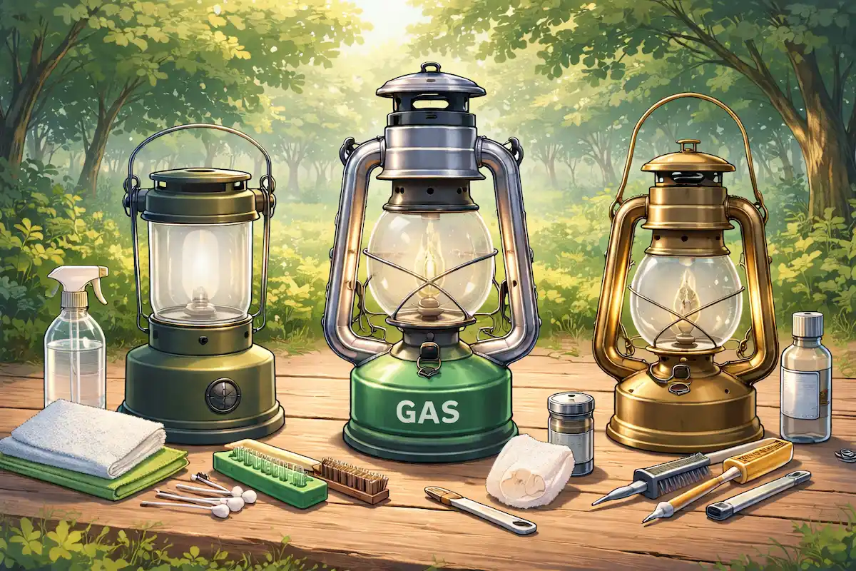 ランタンのメンテナンス道具（布・ブラシ・綿棒・スプレー等）と、LED・ガス・オイルの各ランタンを卓上に並べた手入れ風景のイラスト