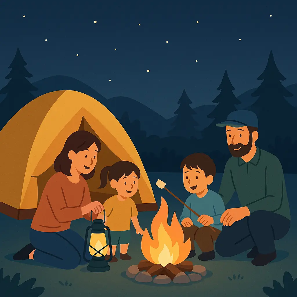 夜の森でテントと焚き火を囲み、ランタンの明かりの下で家族が過ごすファミリーキャンプのイラスト