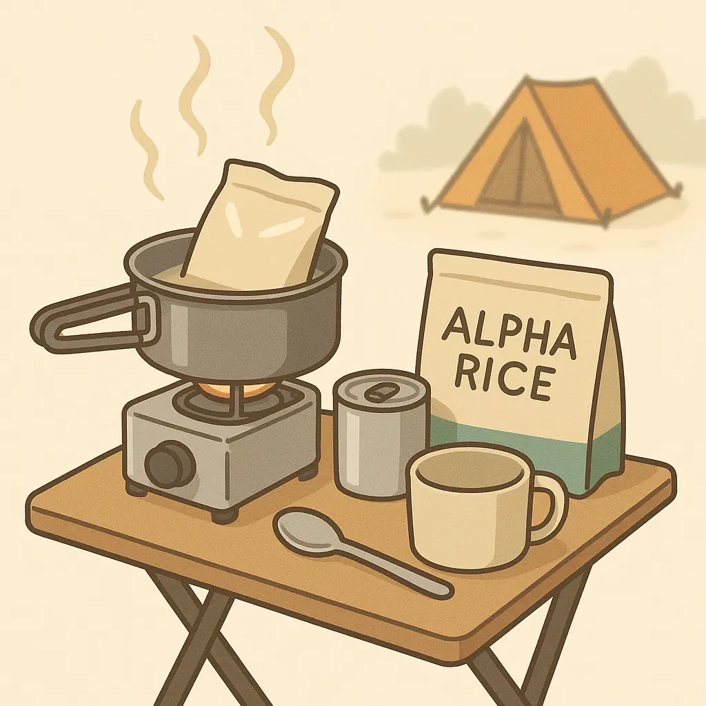 コンパクトなキャンプ用テーブルの上に、シングルバーナーと鍋で湯煎するレトルト食品、アルファ米、缶詰、マグカップ、スプーンが並び、背景にはテントが見えるイラスト