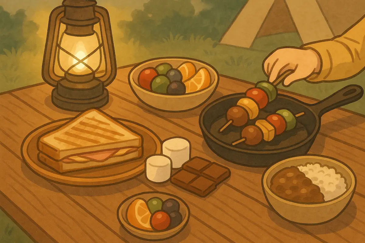 キャンプの木製テーブルに置かれたホットサンド、BBQ串、カレー、フルーツ、マシュマロ、チョコレートなど子ども向けのキャンプご飯を温かなランタンの光が照らしているイラスト