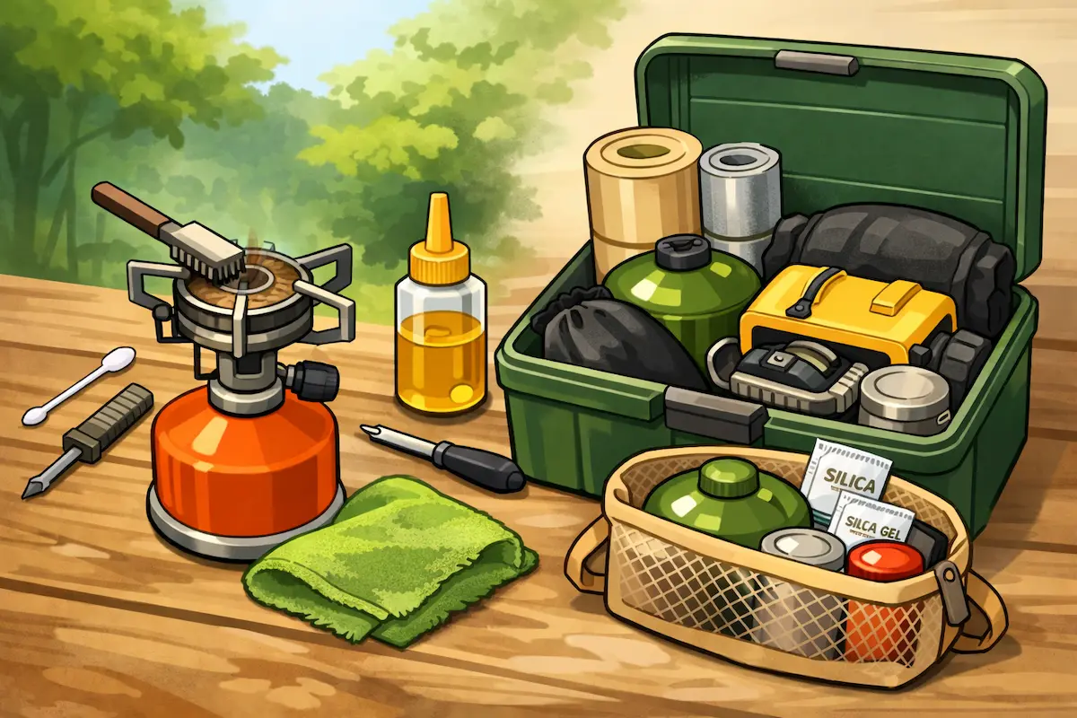 ガスバーナーをブラシで掃除し、工具や布と一緒に収納ボックスへ整理しているキャンプギアのメンテナンス風景