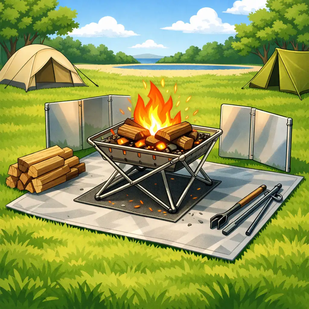 芝生サイトで焚き火台の下に耐火シートを敷き、風防と薪を配置して焚き火をしている様子