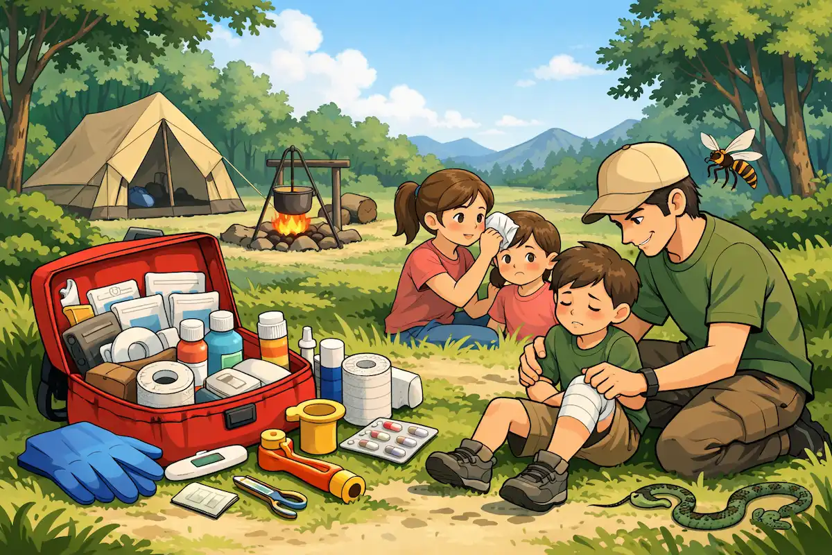 キャンプ場で家族が子どものケガを手当てし、赤い救急セットと包帯・体温計などの応急用品が並ぶイラスト