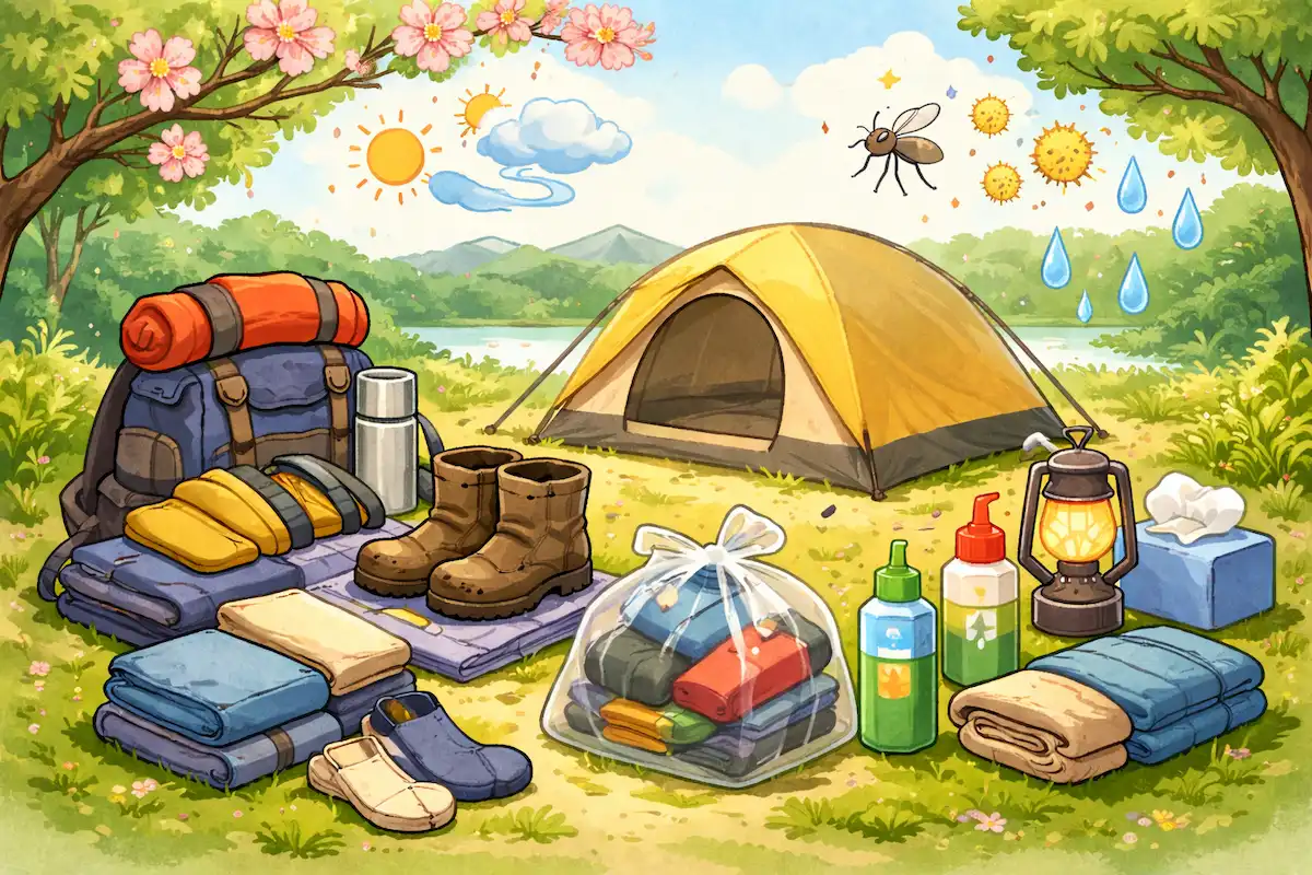 桜の咲く湖畔サイトにテントを張り、春キャンプの追加持ち物（防寒小物・雨対策・虫対策）を並べたイラスト