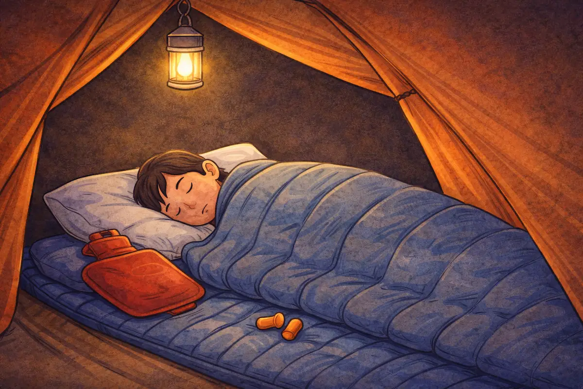 テント内で寝袋に包まれて眠るキャンパーと、ランタンの灯り、マット、湯たんぽ、耳栓が描かれたイラスト
