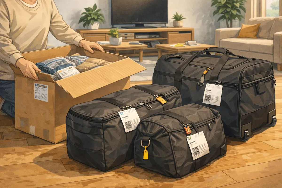 自宅のリビングで、レンタルしたキャンプ用品のバッグやケースを開封して中身を確認しているイラスト