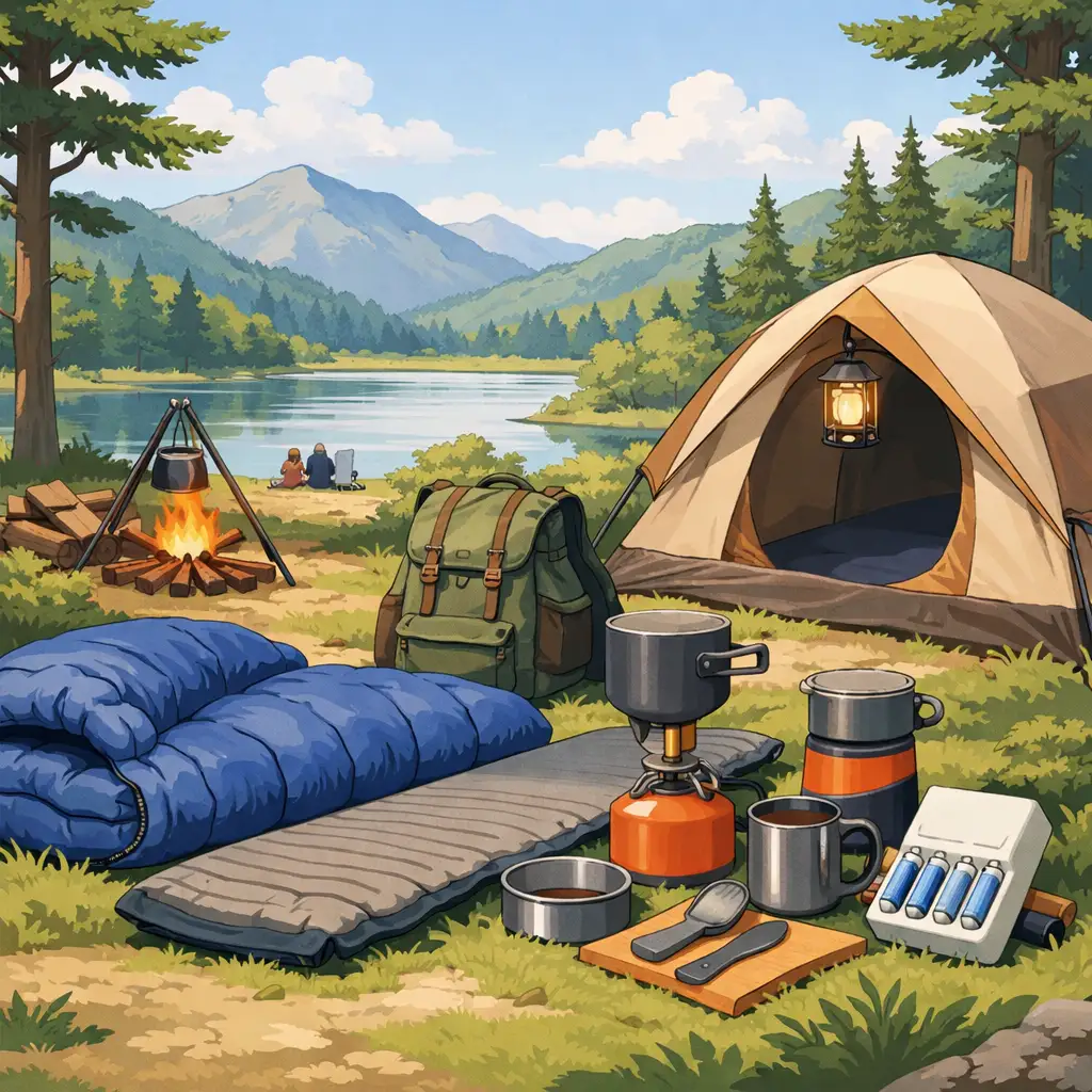 湖畔のキャンプサイトで、テントと焚き火、寝袋、クッカーやランタンなどのキャンプ道具が並ぶ風景