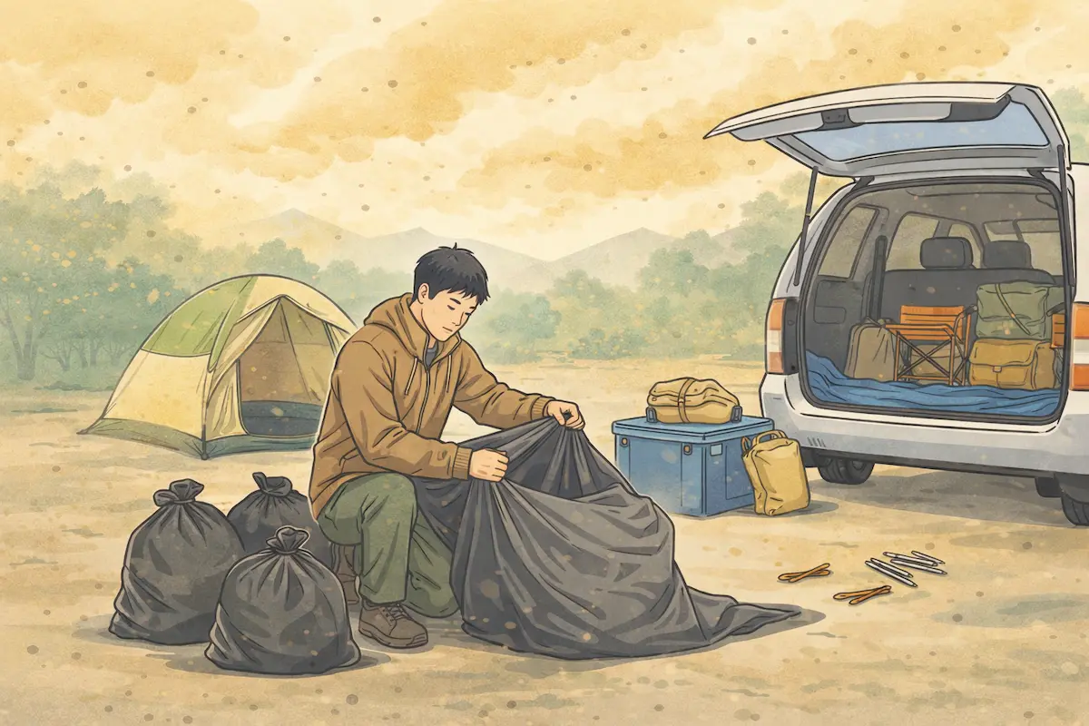 芝生サイトで黄砂が舞う中、テントをゴミ袋に入れて撤収し、荷室を開けた車に積み込もうとしているキャンパーと周囲のキャンプ道具のイラスト。