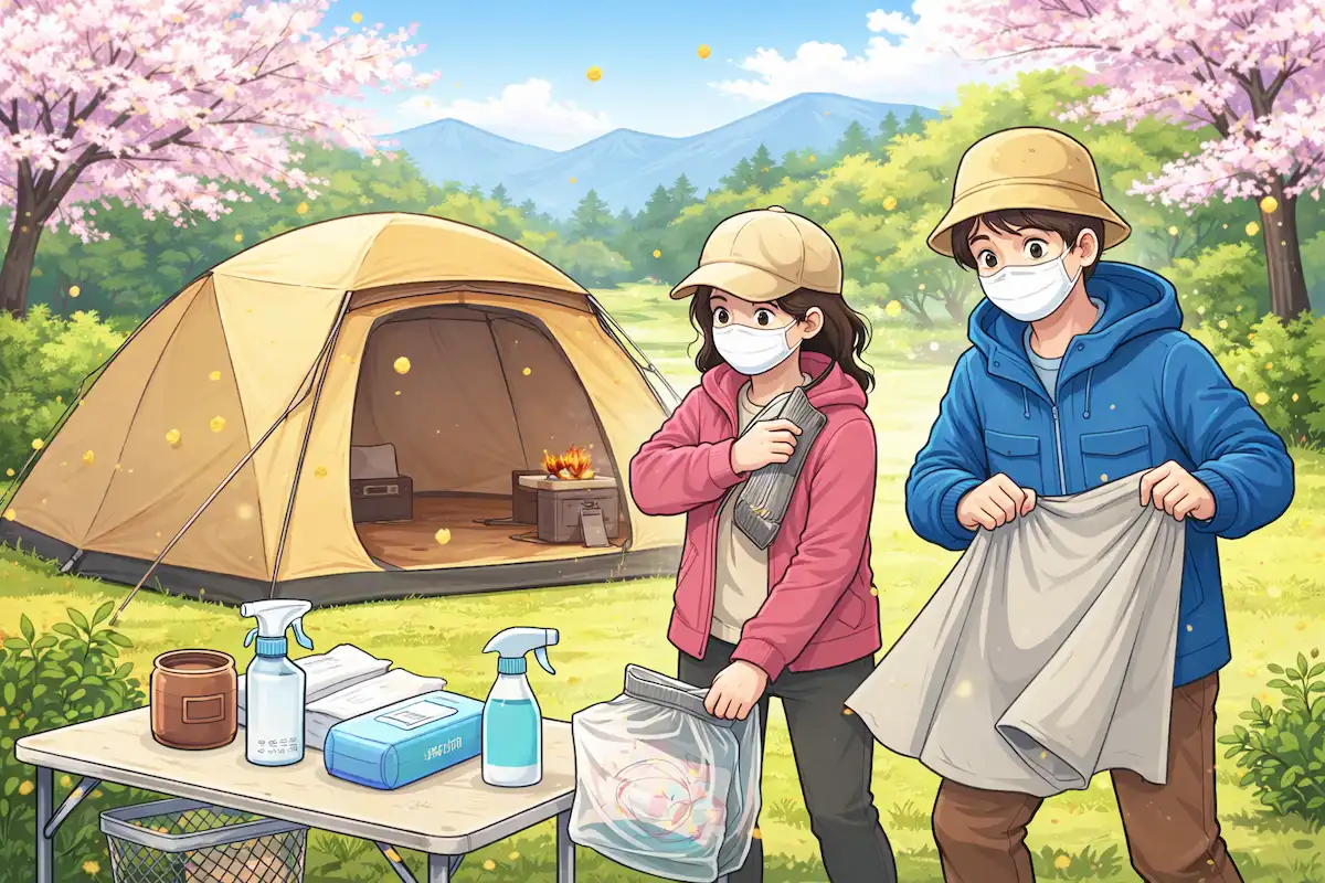 春のキャンプ場で、マスクを着けた男女がテント周りで衣類や道具の花粉を払い落としているイラスト