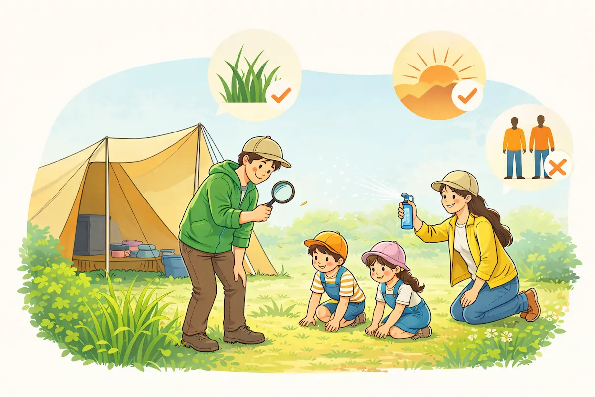 春キャンプの虫・ダニ対策の判断基準を4要素で示した図解イラスト（草むら・雨上がりの湿り・夕方・服装）