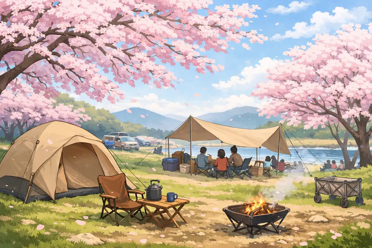 春の河原のキャンプ場で、満開の桜の下にテントとタープを張り、焚き火台の火を囲んでくつろぐキャンプ風景のイラスト
