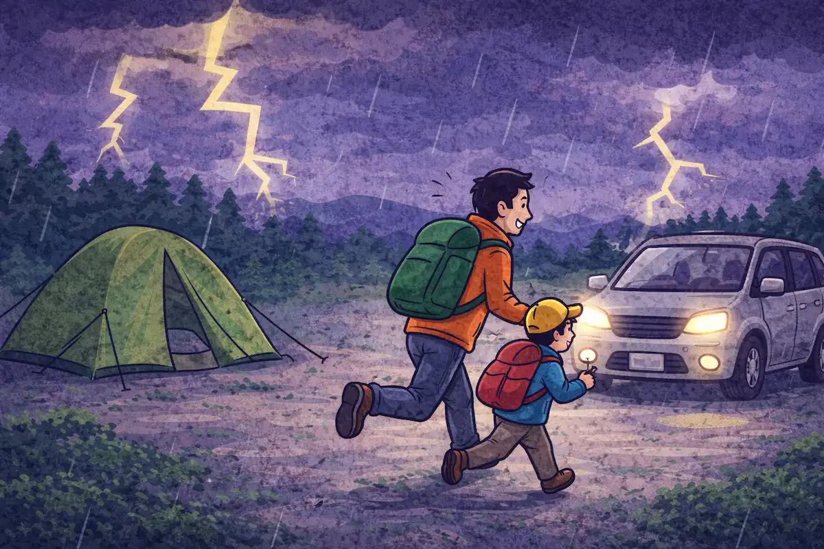 雷が鳴る夜のキャンプ場で、テントから車へ避難する親子と稲妻のイラスト